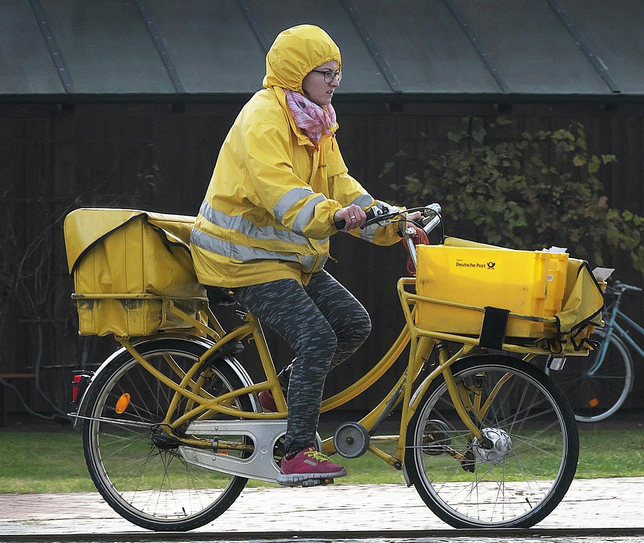 mail delivery, postman, delivery employee, bicycle, delivery, rain clothing, post office, letters, transport, distribution, to ship, post letter, send, deutsche post, postman, postman, postman, postman, postman, delivery, deutsche post